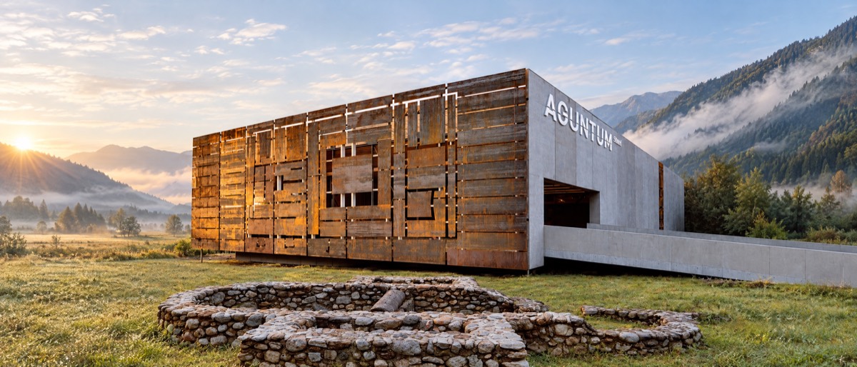 Mit KI erzeugtes Bild: das Museum der Römerstadt Aguntum in Osttirol mit rostbrauner Stahlfassade, davor die Grundmauern aus Stein, im Morgenlicht