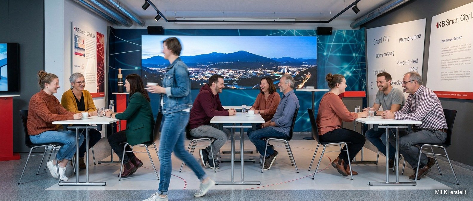 Mit KI erstelltes Bild: Im Ausstellungsraum der IKB sitzen rund zehn Menschen an kleinen weißen Tischen, je zwei bis drei einander gegenüber, vor ihnen Kaffeetassen und Wassergläser. Sie reden und lachen miteinander, niemand hält einen Vortrag, es gibt keine Bühne. Eine Frau in Jeansjacke geht mit einer Tasse durch den Raum und ist dabei leicht verwischt. Hinter den Tischen läuft über die ganze Wand eine Bildschirmwand mit einer Berglandschaft, darüber zieht sich ein geschwungenes Leuchtband mit einem nächtlichen Luftbild der Stadt. Rechts helle Tafeln mit blauen Netzmustern und roten Feldern, daneben glänzende Metallrohre. Auf dem Boden eine helle Grafik mit roten Kreisen. Unten rechts steht klein „Mit KI erstellt“.