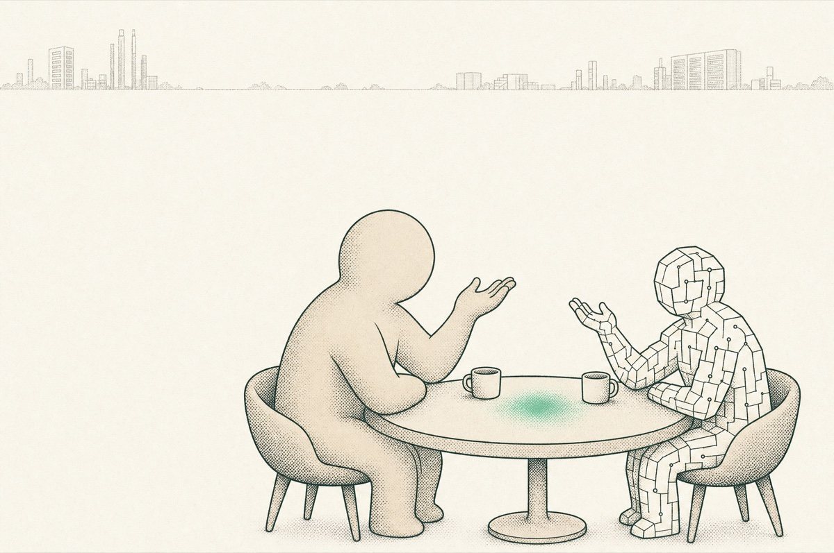 Illustration: An einem runden Tisch sitzen sich zwei gesichtslose Figuren in gleichen Sesseln gegenüber, vor jeder steht eine Tasse. Die linke Figur ist breit und beige und hebt die offene Hand. Die rechte ist kleiner und aus hellen Platten mit feinen Linien zusammengesetzt und hebt spiegelbildlich dieselbe Hand. In der Mitte der Tischplatte liegt ein mintfarbener Schimmer, am oberen Bildrand steht blass die Silhouette einer Stadt.
