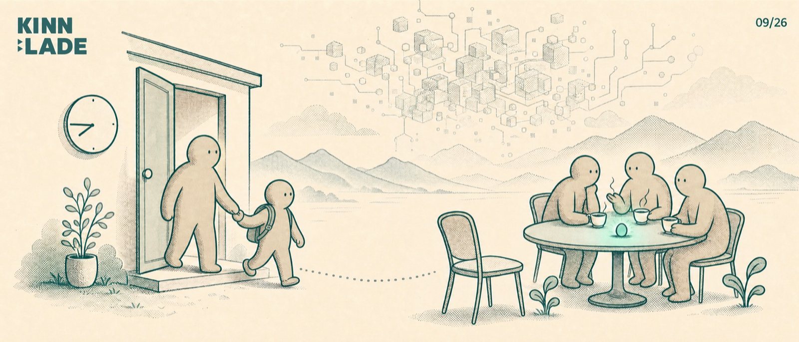 Illustration: Ein Elternteil geht mit Kind und Schulrucksack um Viertel vor acht aus der Haustür, gegenüber sitzen drei Menschen an einem kleinen Tisch neben einem leeren Stuhl, hoch am Himmel eine riesige Wolke aus Datenblöcken